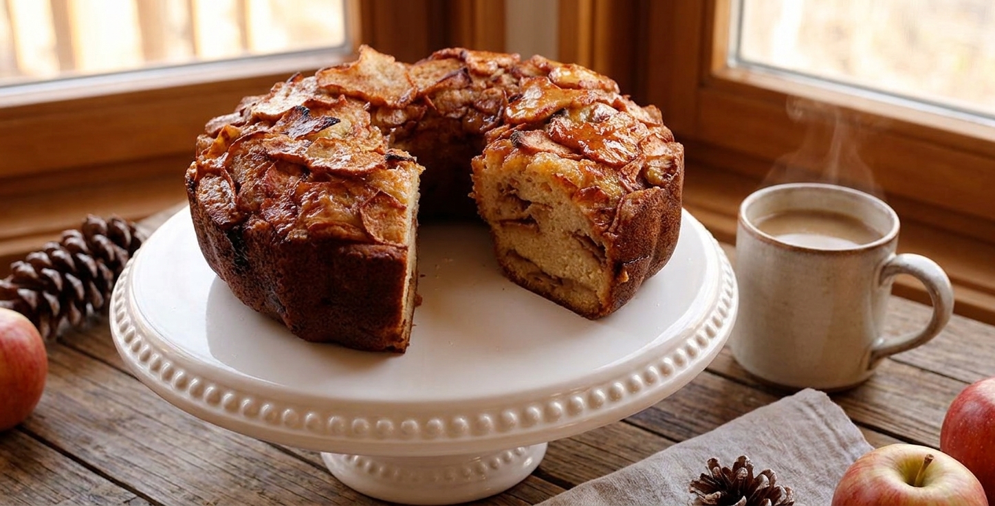 A sliced Jewish apple cake on a ceramic plate showing cinnamon sugar apple layers, with a mug of coffee on a wooden table in warm natural light
