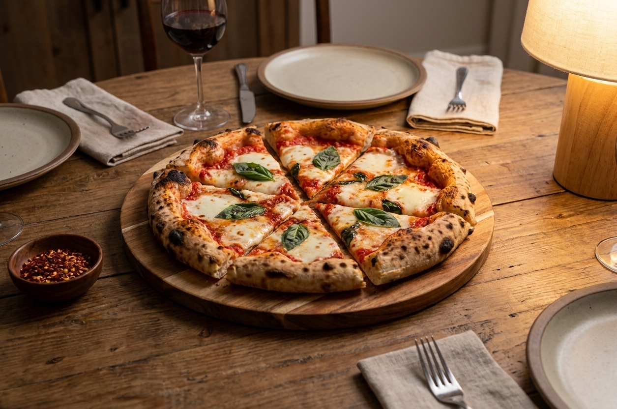 A sliced Neapolitan-style pizza on a wooden board on a dining table with simple place settings and warm indoor lighting