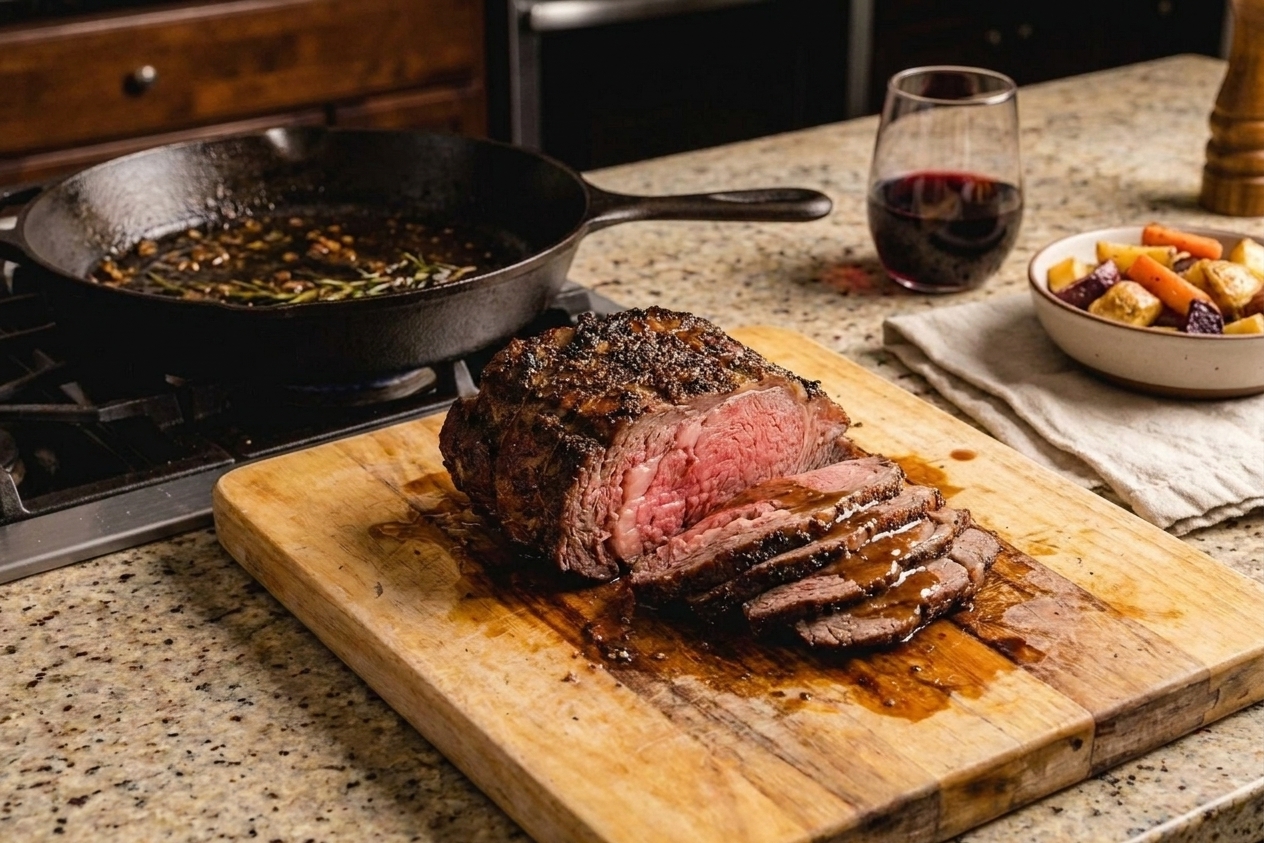 A sliced New York strip loin roast on a cutting board with a rosy medium-rare center, pan juices nearby, and a cozy weeknight table setting in warm kitchen light