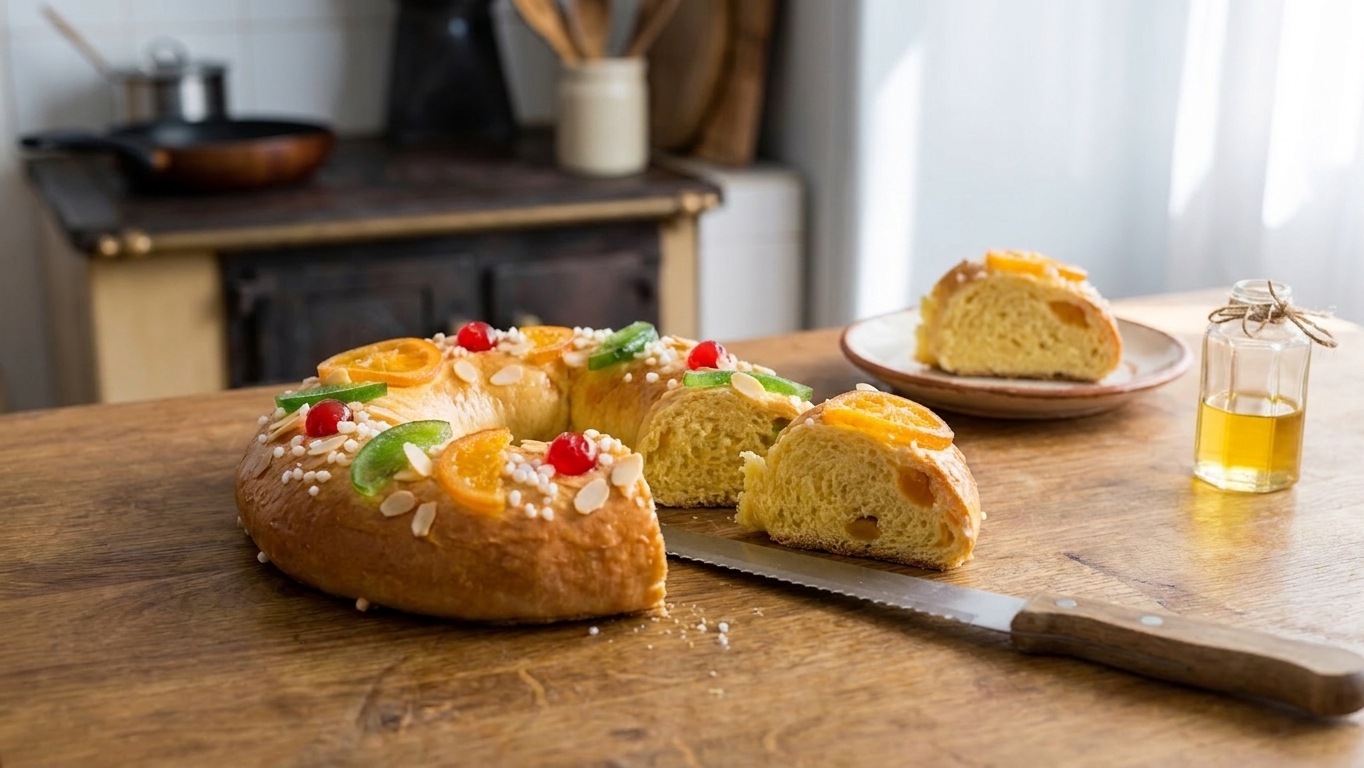 A sliced Roscon de Reyes showing a soft, airy crumb with candied fruit on top, photographed on a kitchen counter with a bread knife nearby