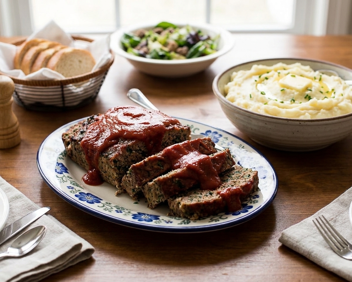 A sliced Southern meatloaf on a white platter with a glossy ketchup-brown sugar glaze, served with mashed potatoes on a warm wooden dinner table, natural window light