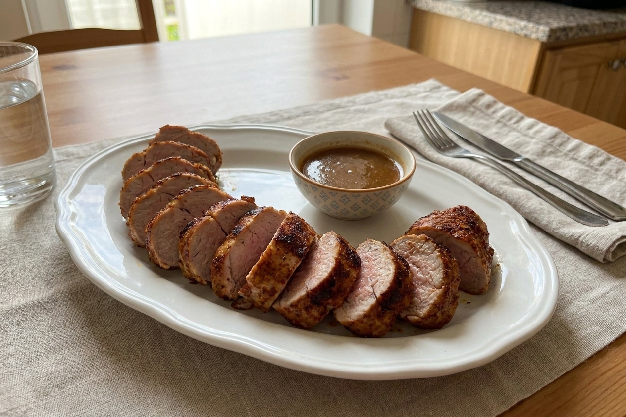 A sliced air fryer pork tenderloin fanned out on a white platter with browned, crisp edges, a small bowl of sauce nearby, and a simple weeknight table setting