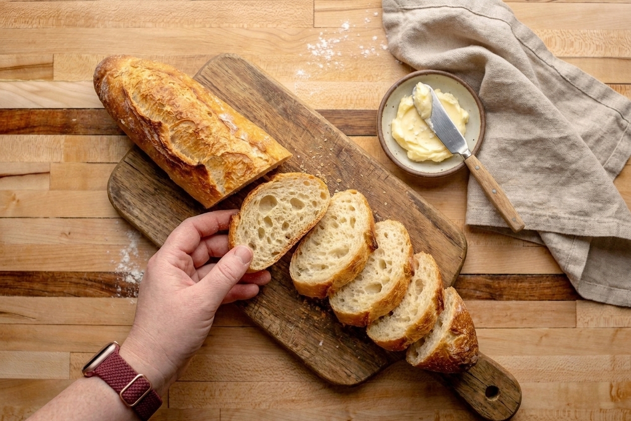 A sliced baguette on a simple table setting with a small dish of butter and a linen napkin in warm natural light