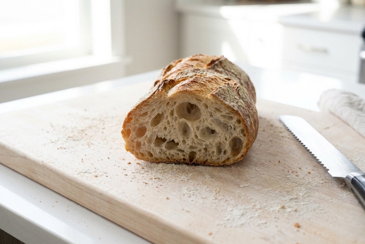 A sliced baguette showing an airy, chewy interior and a thin crisp crust on a wooden board