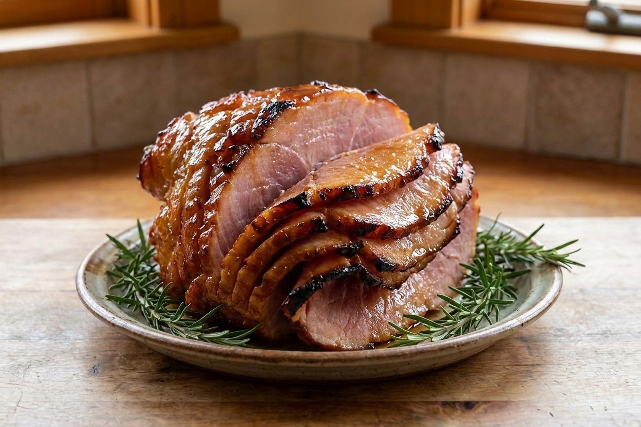 A sliced baked ham on a platter, lacquered with a shiny honey glaze with caramelized edges, surrounded by rosemary sprigs on a wooden table