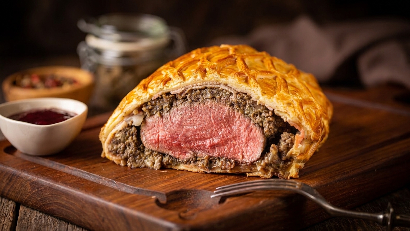 A sliced beef Wellington on a wooden cutting board, showing a rosy medium-rare beef center surrounded by mushroom duxelles and prosciutto, wrapped in golden puff pastry on a warm kitchen counter