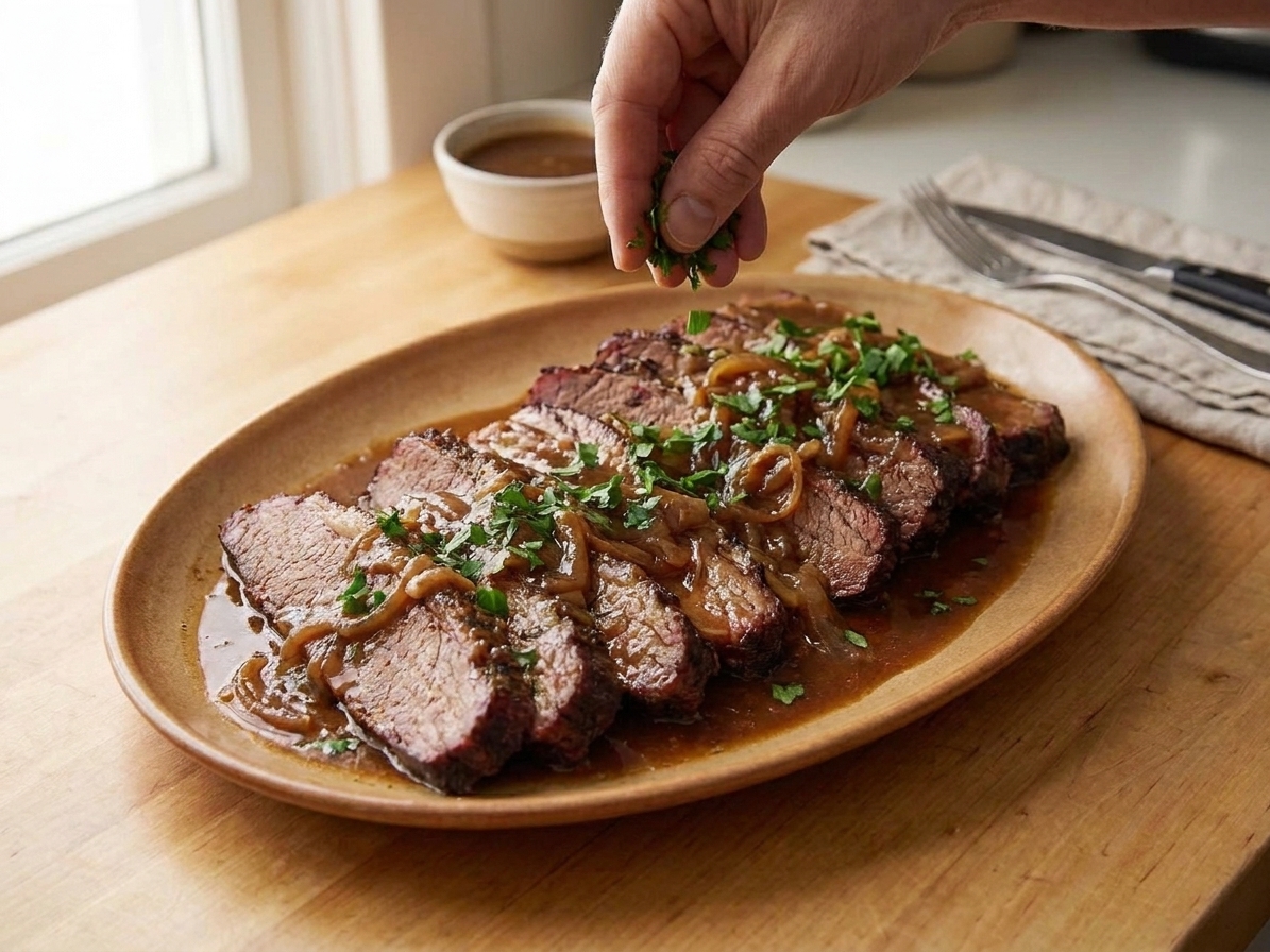 A sliced beef brisket fanned on a warm platter with glossy onion gravy and chopped parsley on a wooden table