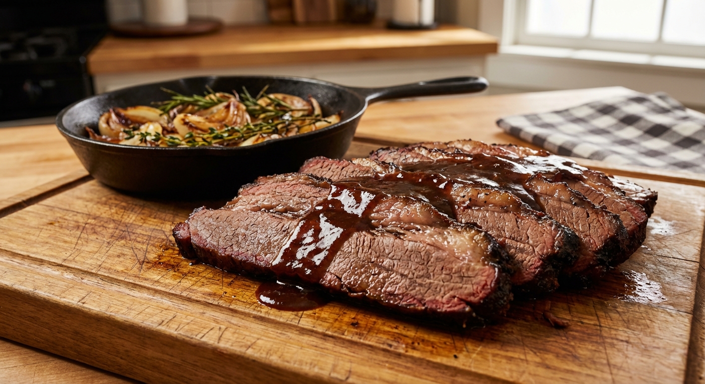 A sliced beef brisket on a wooden cutting board with a glossy pan sauce and roasted onions in the background