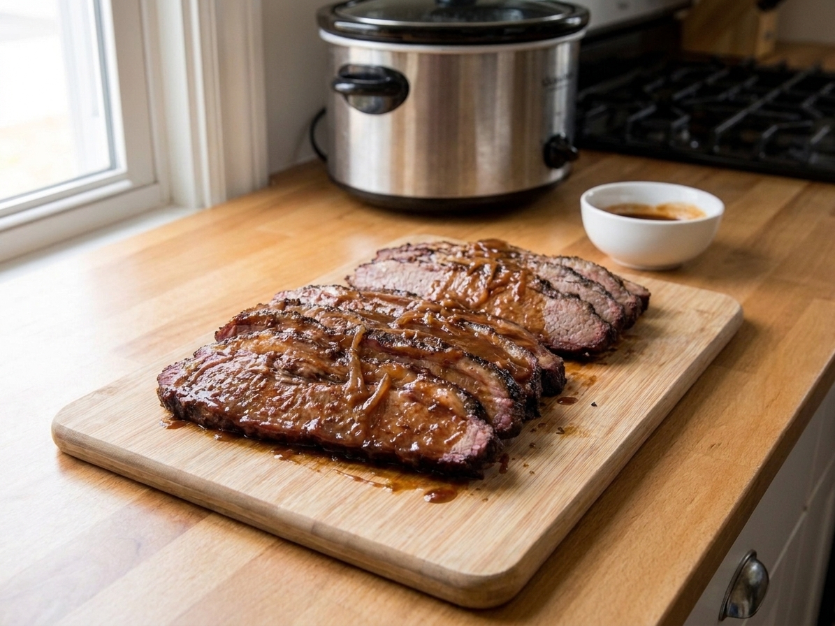 A sliced beef brisket on a wooden cutting board with a glossy onion gravy, with a slow cooker in the background on a warm kitchen counter