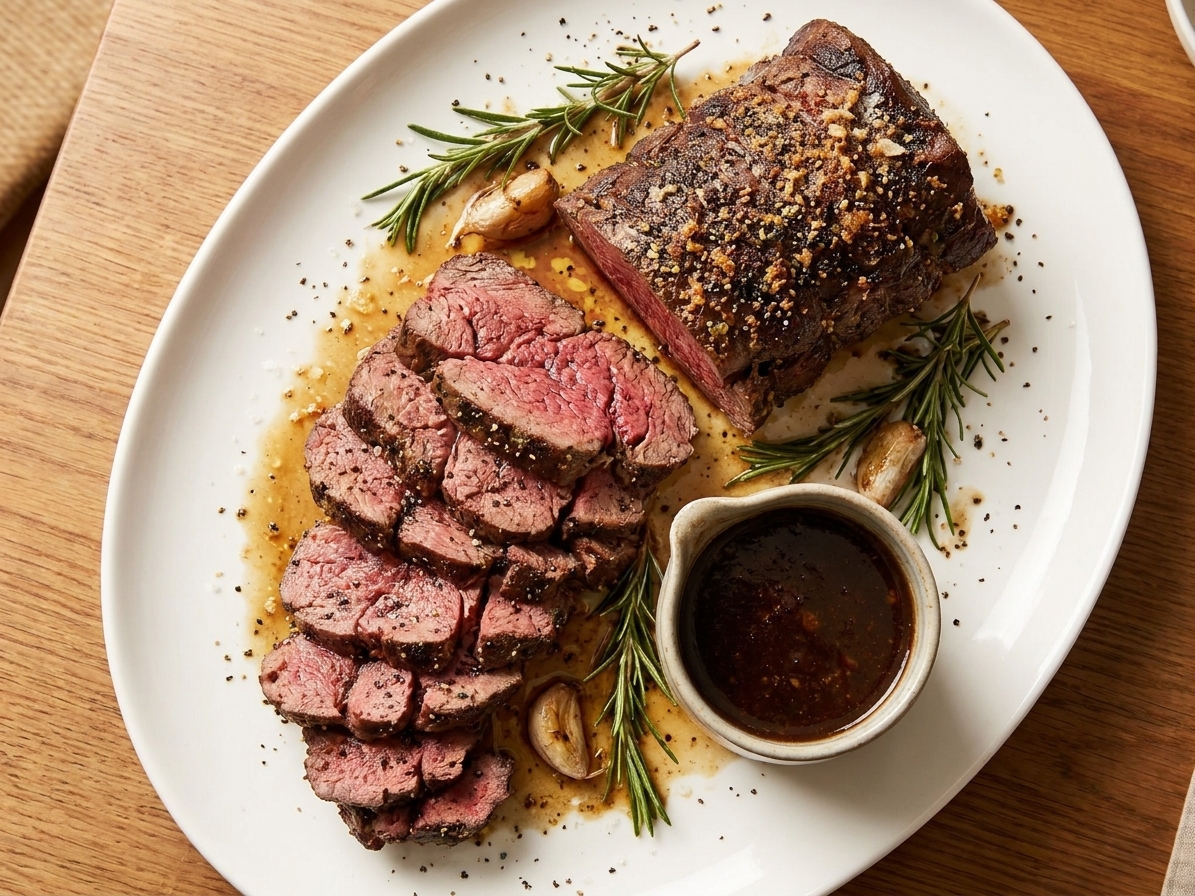 A sliced beef fillet roast with a golden garlic herb crust arranged on a white platter with pan juices, rosemary sprigs, and a small bowl of sauce on a wooden table