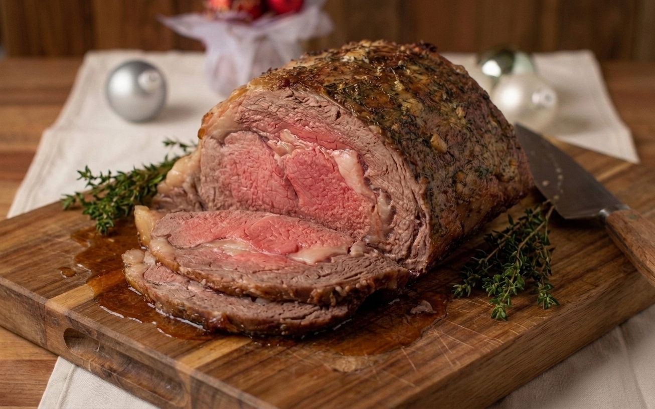 A sliced boneless prime rib roast on a carving board with a rosy medium-rare center, browned crust, and resting juices, set on a warm kitchen counter