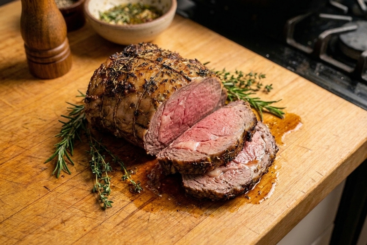A sliced boneless rib roast on a wooden cutting board with a browned herb crust and rosy medium-rare center, surrounded by pan juices and herbs on a warmly lit kitchen counter
