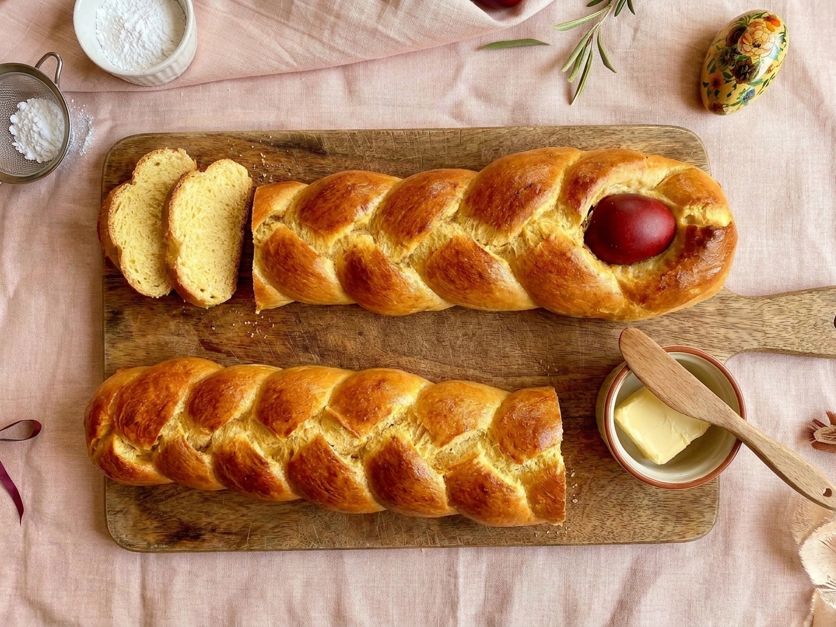 A sliced braided Easter bread loaf on a wooden cutting board with butter on the side, set on a simple spring table setting