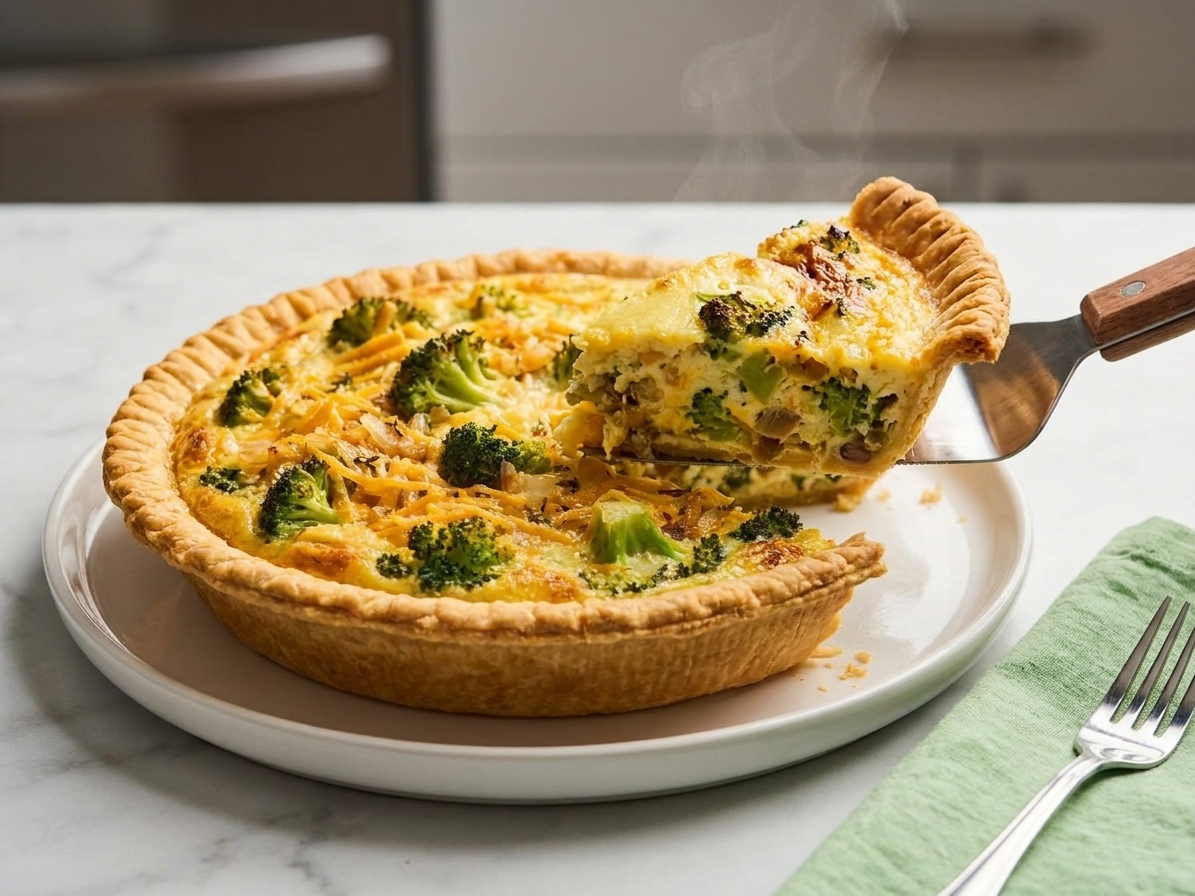 A sliced broccoli cheddar quiche on a serving plate with a pie server lifting one slice, showing the creamy interior