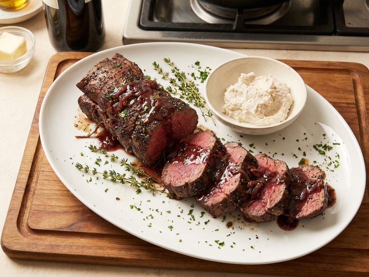 A sliced chateaubriand roast with a rosy medium-rare center, arranged on a warm platter with red wine pan sauce spooned over the top and sprigs of thyme.
