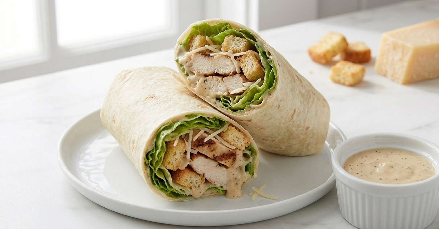 A sliced chicken Caesar wrap on a plate with romaine peeking out and a small ramekin of Caesar sauce on the side