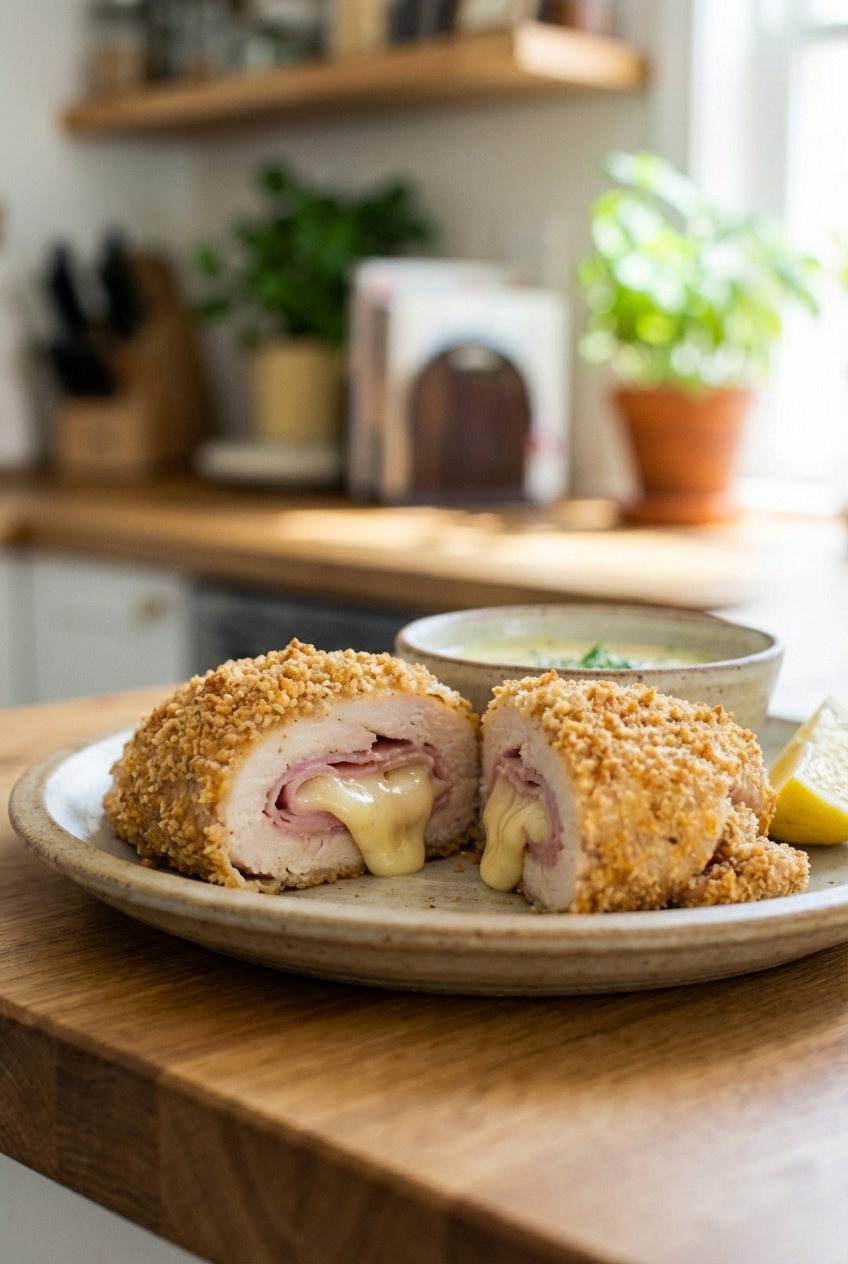 A sliced chicken cordon bleu showing a spiral of ham and melted Swiss, with crunchy breadcrumbs on the outside