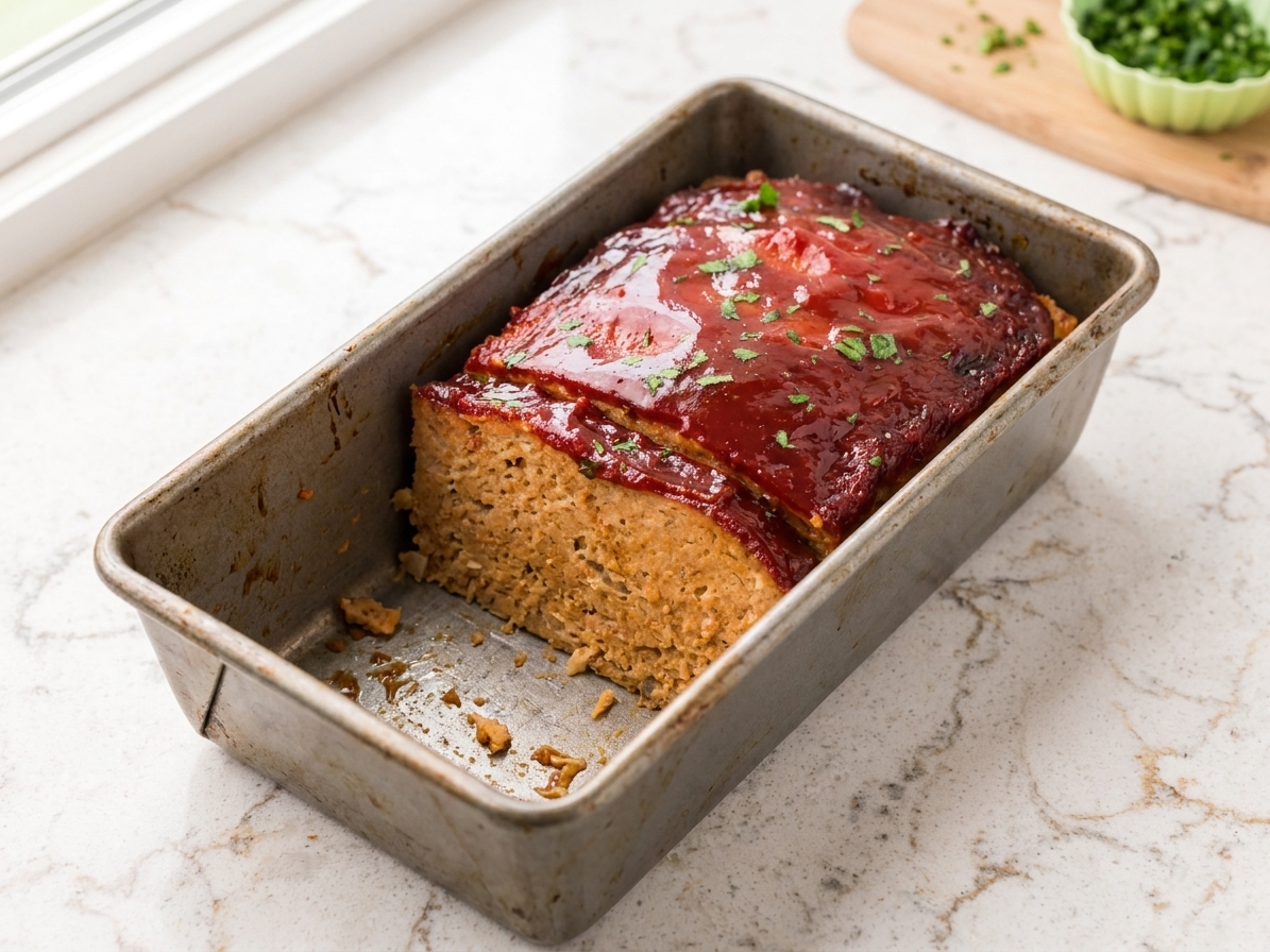 A sliced chicken meatloaf in a loaf pan with a shiny ketchup glaze, resting on a warm-toned kitchen counter with soft natural light