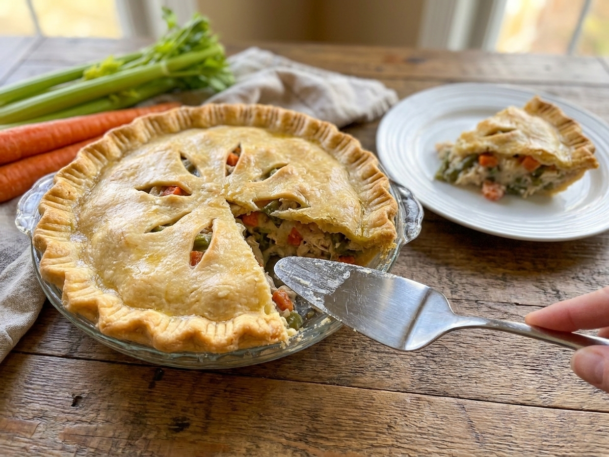 A sliced chicken pot pie on a wooden table with one wedge removed, showing creamy chicken and vegetables inside a flaky golden crust