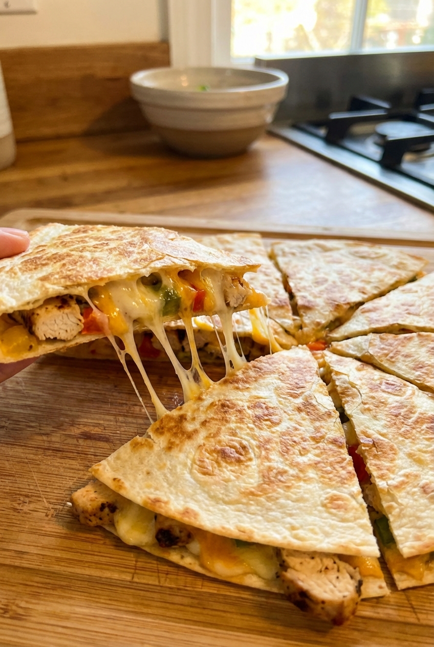 A sliced chicken quesadilla with melted cheese stretching slightly as a wedge is lifted from the cutting board