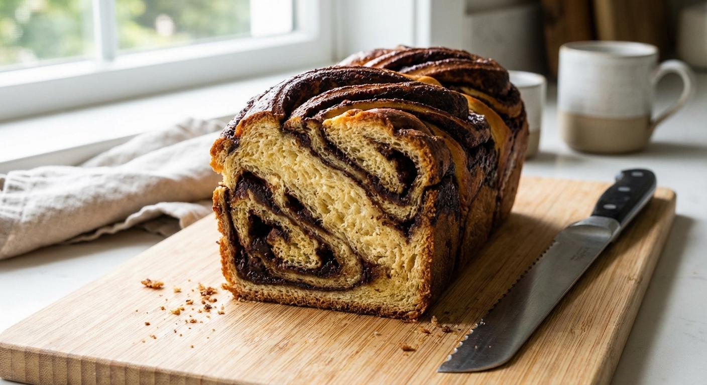 A sliced chocolate babka showing defined swirls and tender brioche crumb, with a bread knife resting beside the loaf on a cutting board, natural light