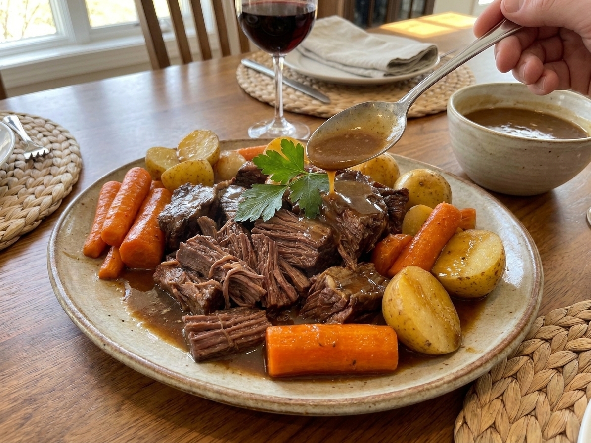A sliced chuck pot roast on a large platter with carrots and potatoes, spooned with glossy brown gravy, set on a rustic dining table with warm natural light