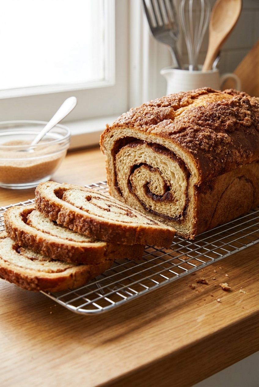 A sliced cinnamon bread loaf on a wire rack showing a clear cinnamon swirl and crunchy sugared top