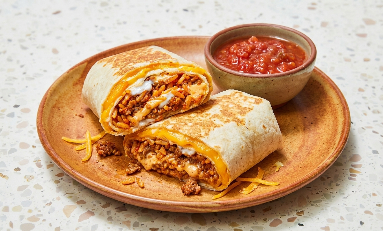 A sliced copycat quesarito on a warm ceramic plate with melted cheese and seasoned beef visible, served with a small bowl of salsa on the side