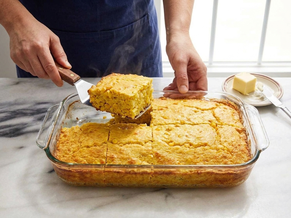 A sliced cornbread casserole in the baking dish with a serving spatula lifting a square piece