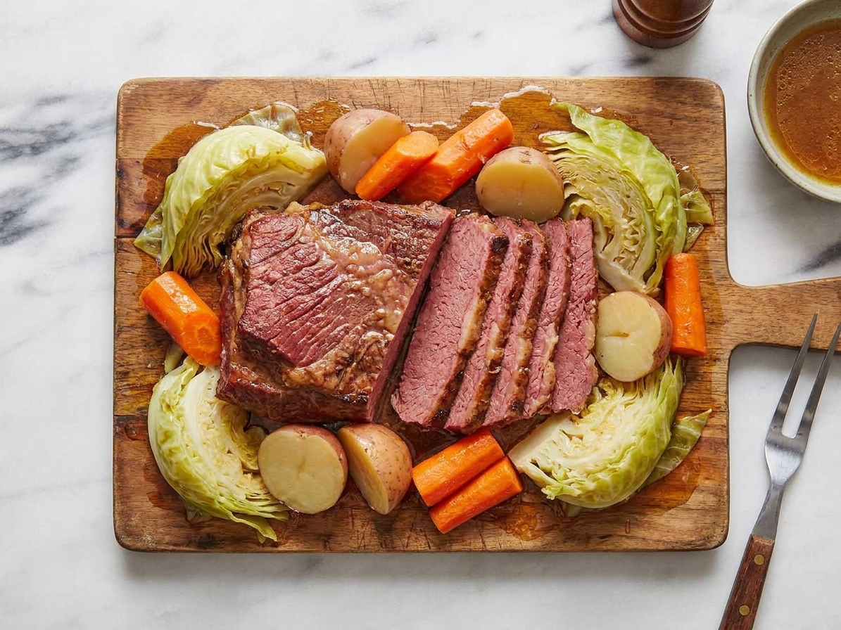A sliced corned beef brisket resting on a cutting board with carrots, potatoes, and cabbage nearby on a warm kitchen counter