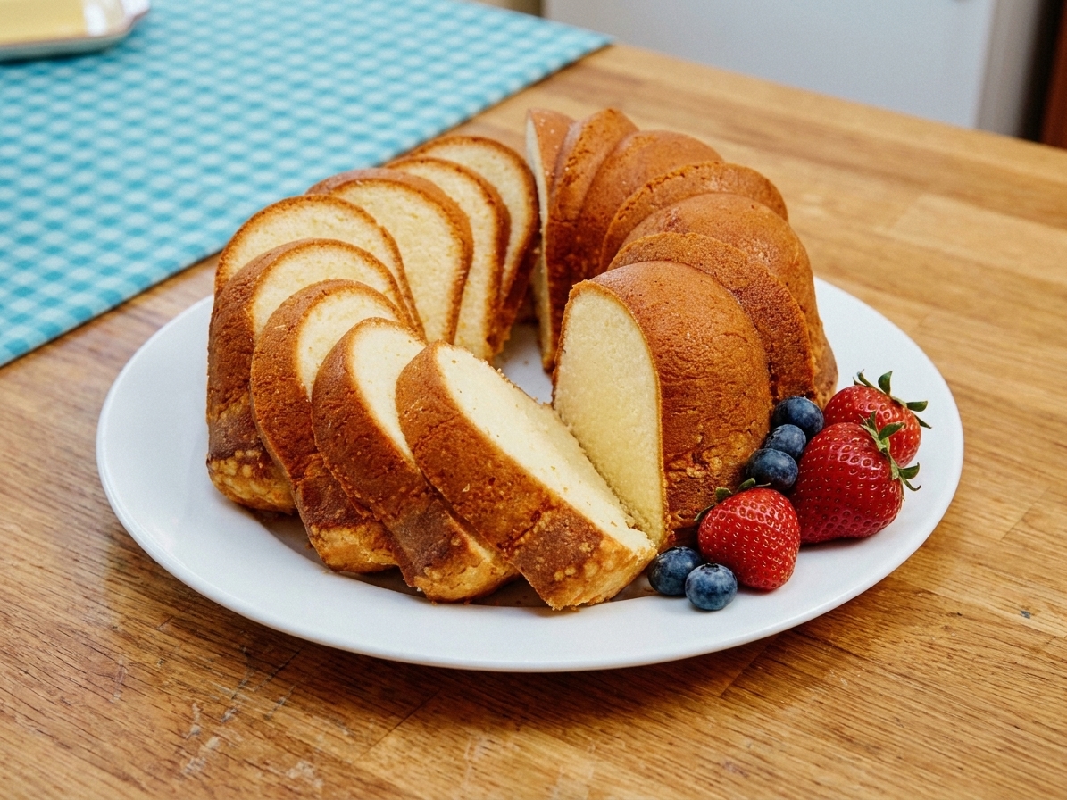 A sliced cream cheese pound cake on a simple white plate with a few fresh berries on the side, set on a wooden table