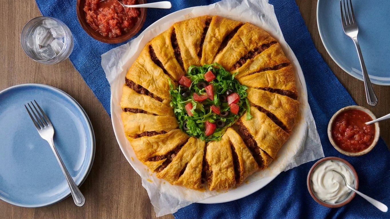 A sliced crescent roll taco ring served on a platter with salsa and sour cream nearby on a dining table