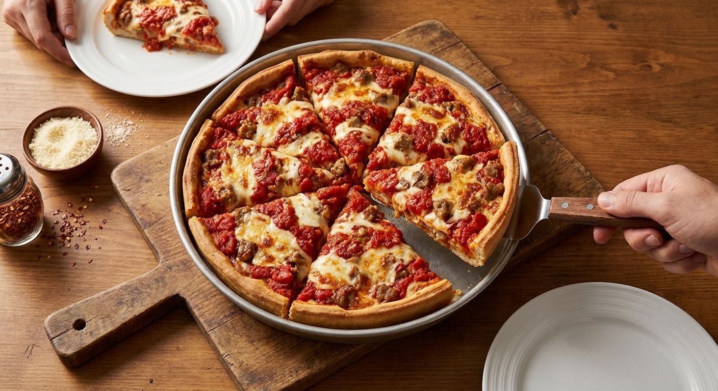 A sliced deep dish pizza served on a wooden table with a pizza server and simple plates, warm kitchen lighting