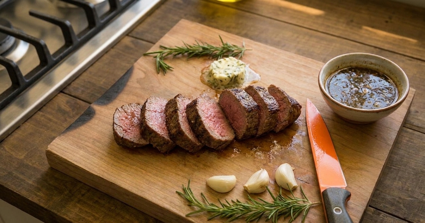 A sliced deer backstrap cooked to medium-rare, fanned on a cutting board with rosemary butter and a small bowl of pan sauce nearby, warm kitchen lighting
