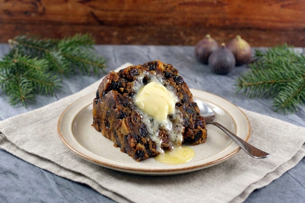 A sliced figgy pudding on a small ceramic plate with a spoonful of brandy butter melting on top, warm kitchen lighting and a simple linen napkin
