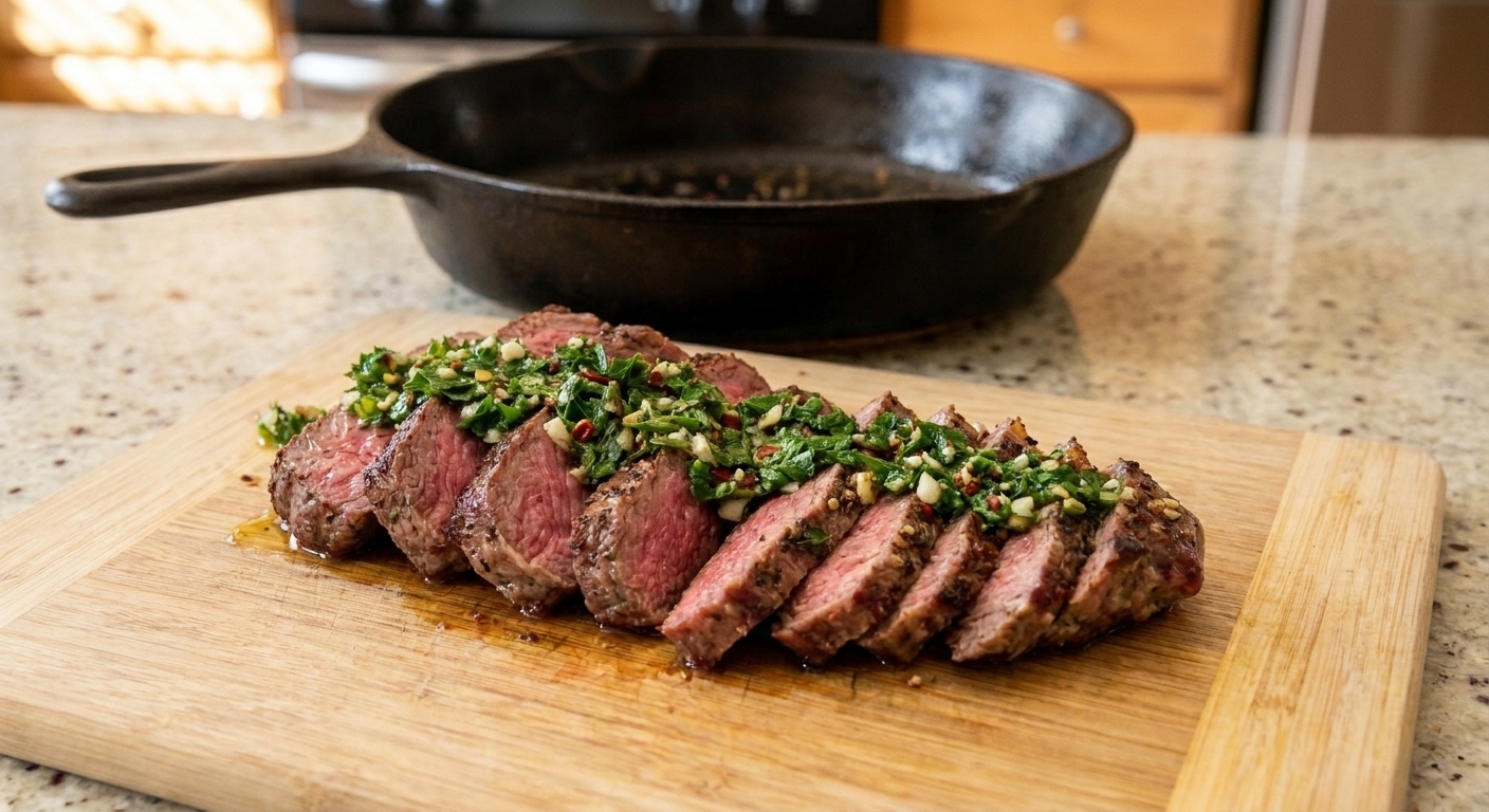 A sliced flat iron steak fanned on a cutting board with bright green chimichurri spooned over the top, a cast iron skillet and warm kitchen lighting in the background