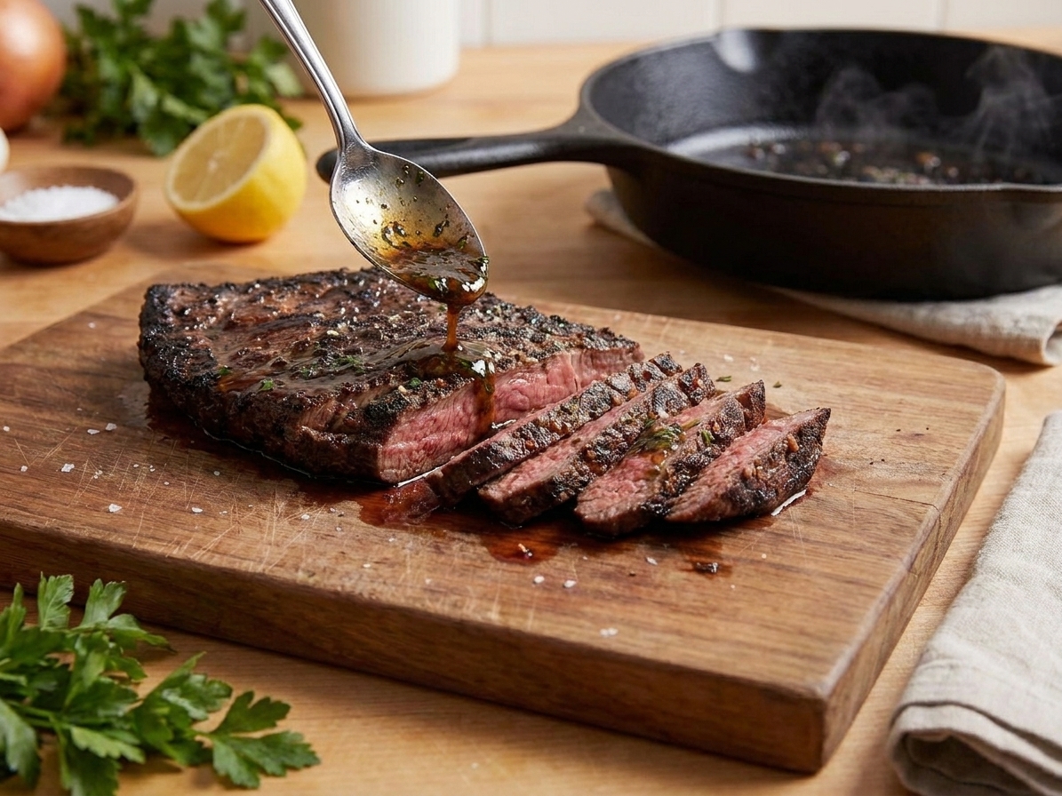A sliced flat iron steak with crisp seared edges on a cutting board, pan sauce spooned over the top, with a cast iron skillet in the background on a warm kitchen counter
