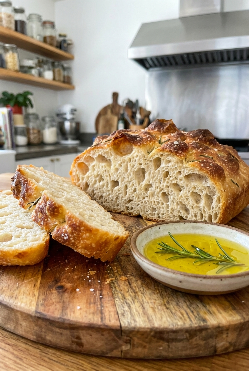 A sliced focaccia loaf showing an airy crumb and crisp golden crust on a cutting board with a small dish of olive oil nearby