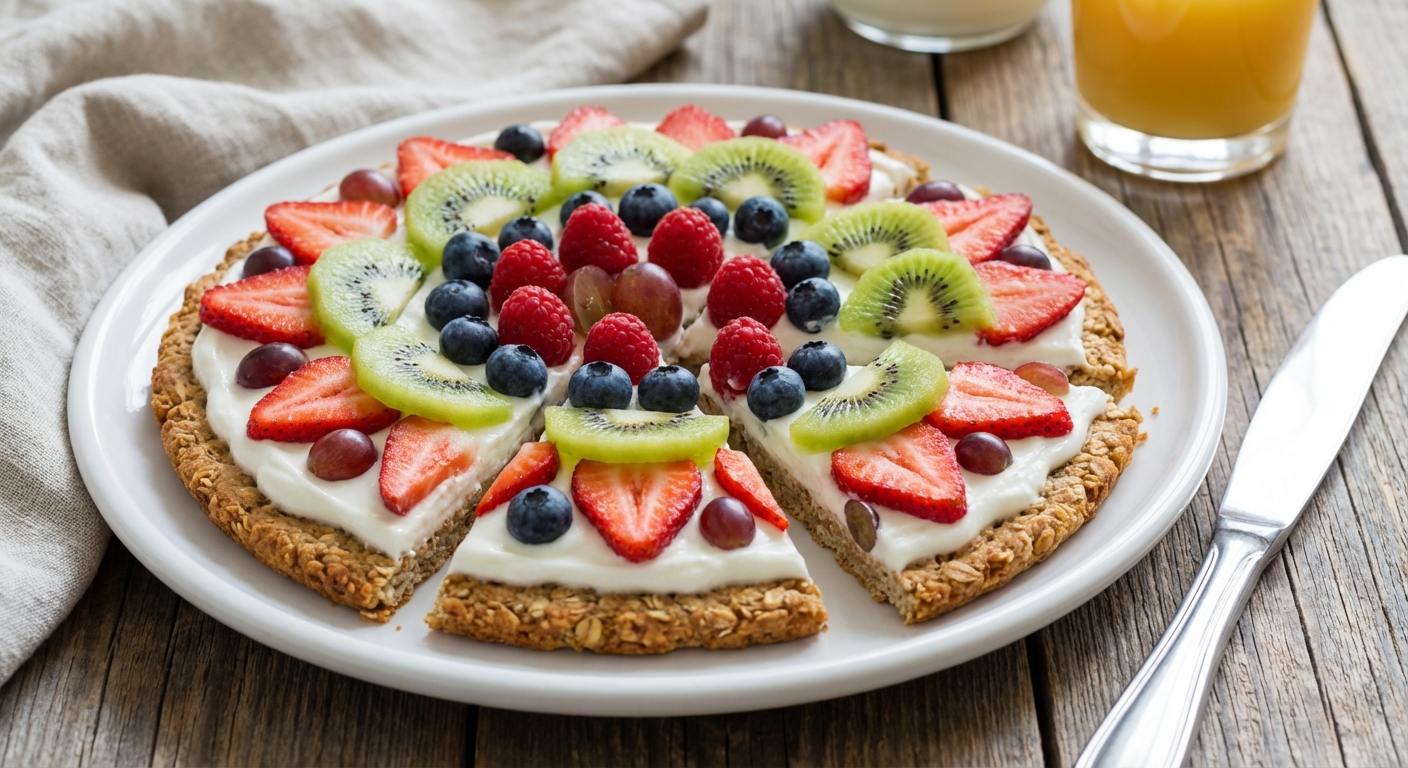 A sliced fruit pizza on a plate showing the oat crust, creamy yogurt layer, and colorful fruit toppings