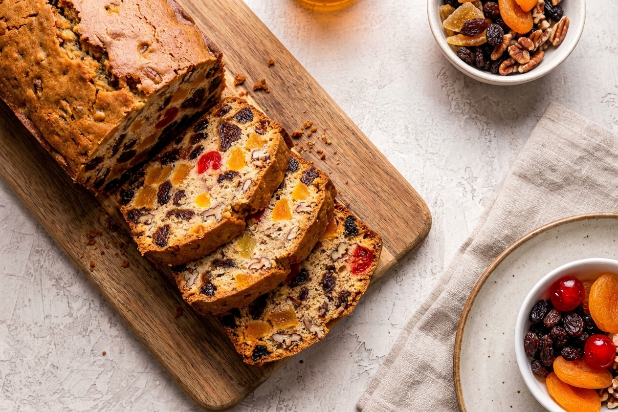 A sliced fruitcake loaf on a wooden cutting board, showing colorful dried fruit and toasted nuts inside, with a simple holiday table setting nearby