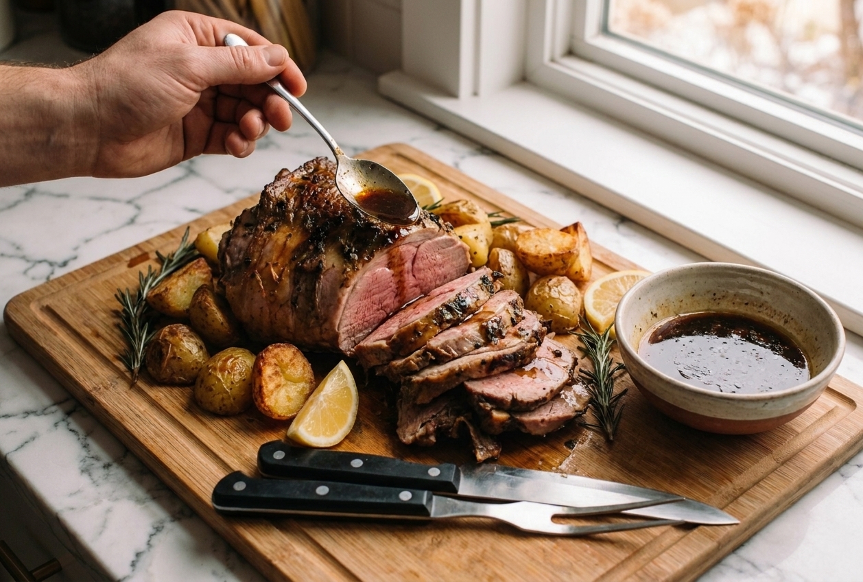 A sliced garlic herb lamb thigh roast on a cutting board with pan juices nearby, surrounded by roasted potatoes and lemon wedges on a warm kitchen counter