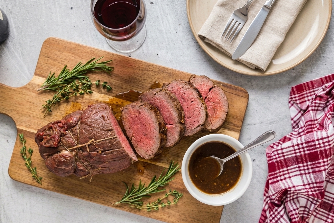 A sliced garlic herb tenderloin roast on a cutting board with a rosy center, pan juices nearby, and a simple dinner table setting in warm kitchen light