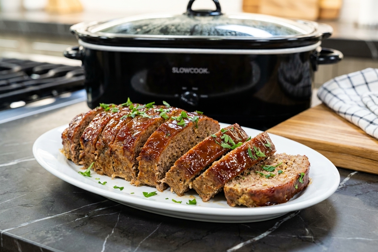 A sliced, glazed meatloaf arranged on a white platter with the slow cooker in the background on a cozy kitchen counter