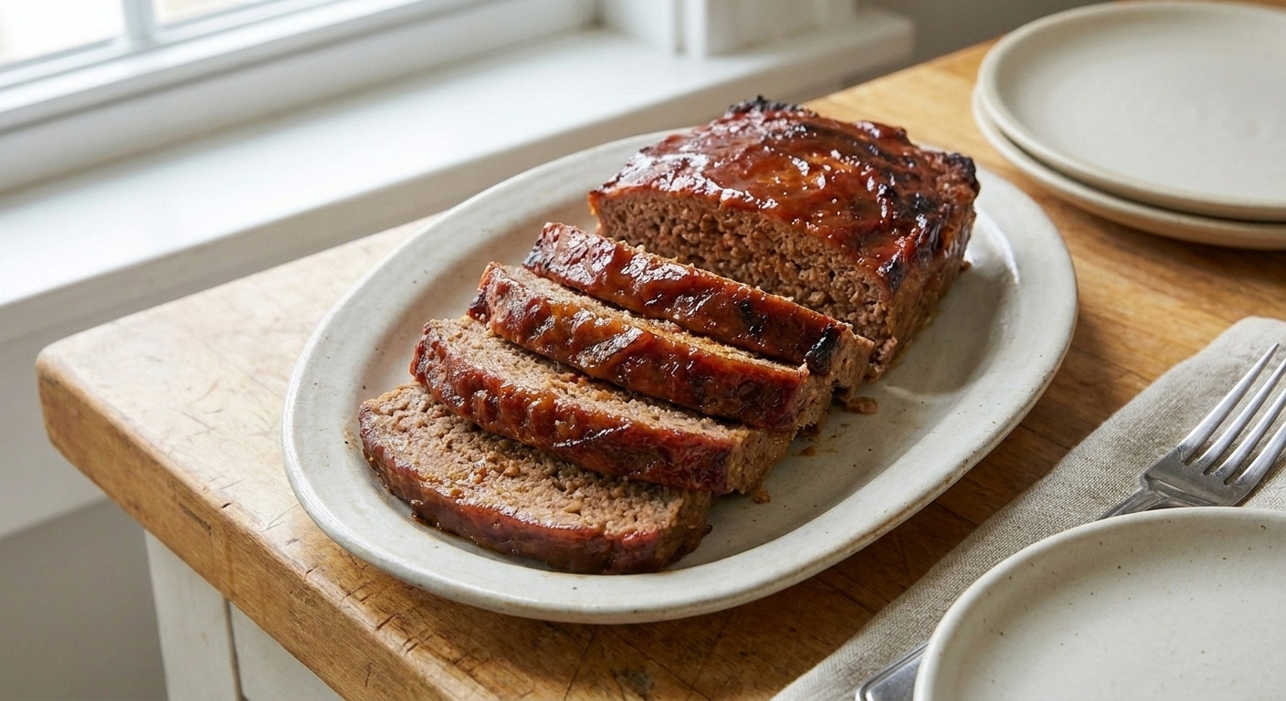 A sliced glazed meatloaf on a ceramic platter with a shiny ketchup-based glaze and crisp browned edges, on a warm-toned kitchen table with simple dinner plates