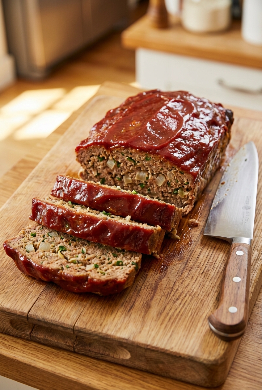 A sliced, glazed meatloaf on a cutting board with a shiny ketchup glaze and visible onion and herb flecks, with a knife nearby