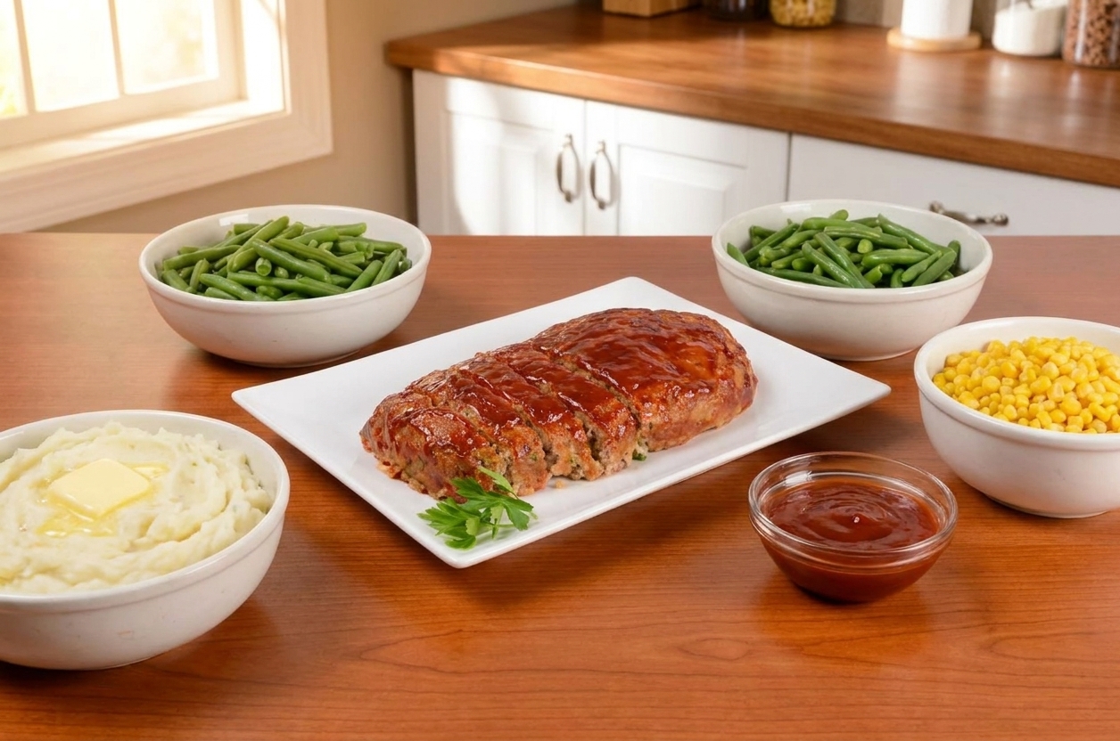 A sliced glazed meatloaf on a white platter with a glossy ketchup-based glaze, surrounded by simple weeknight sides on a warm kitchen table