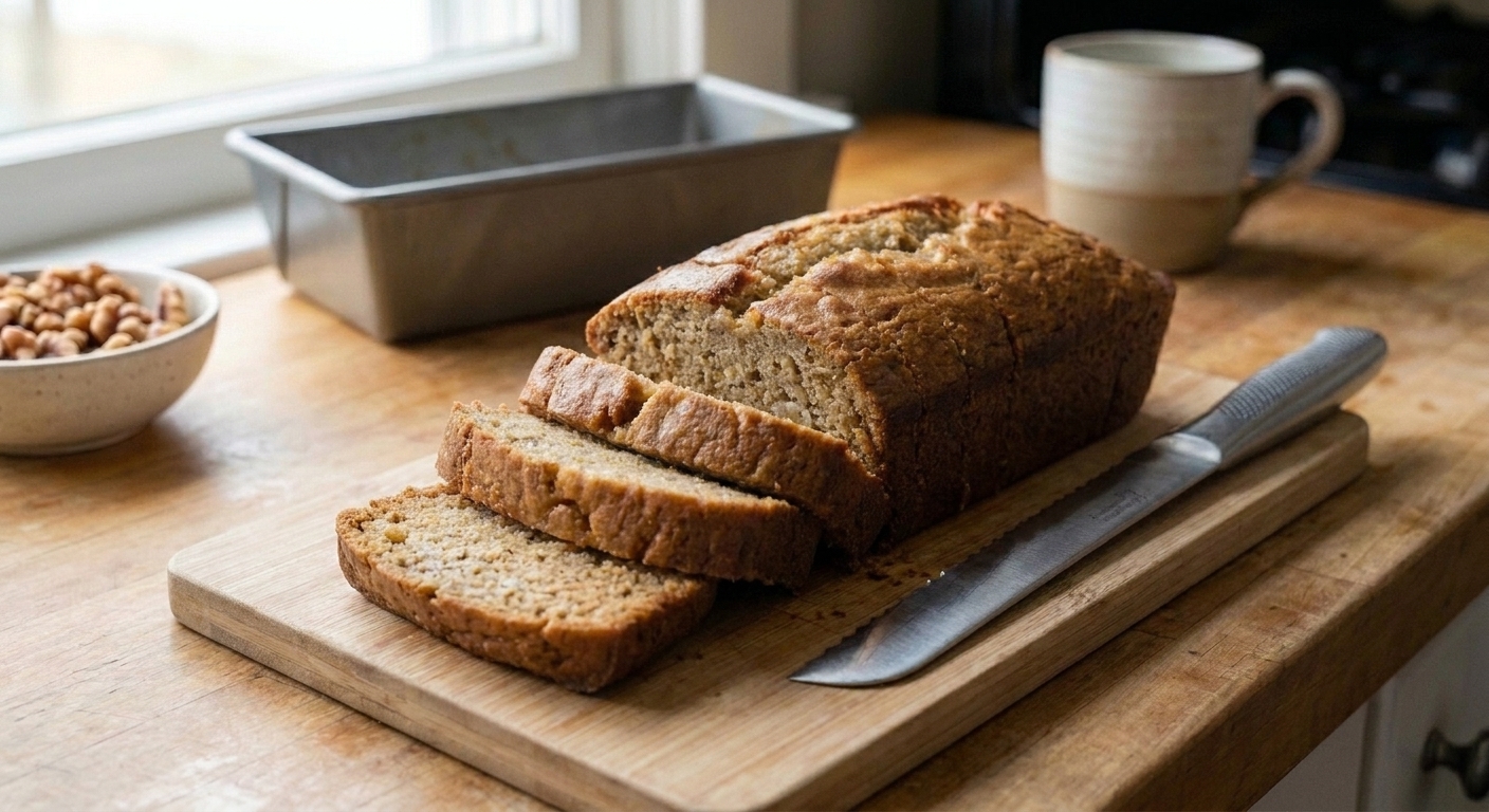 A sliced gluten free banana loaf with a golden brown top and tender crumb, served on a light wooden cutting board on a bright kitchen counter