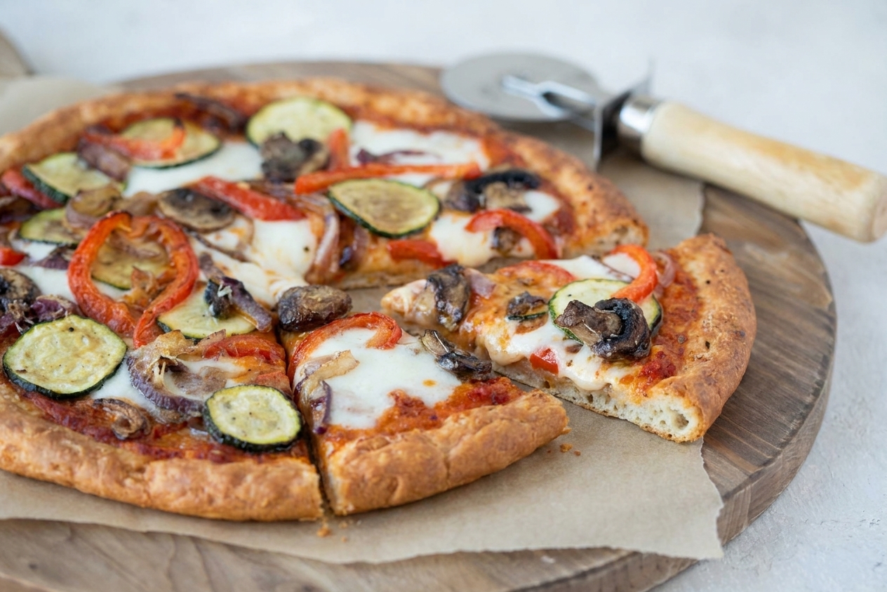 A sliced gluten-free pizza on a wooden cutting board with a crisp browned crust edge and melted cheese