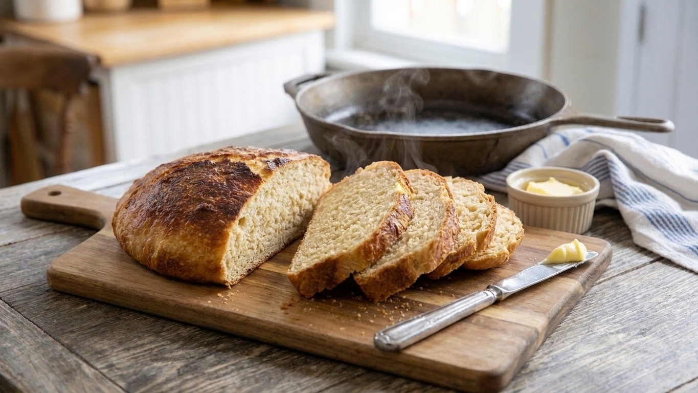 A sliced golden no yeast skillet bread on a cutting board with steam rising and a butter knife nearby