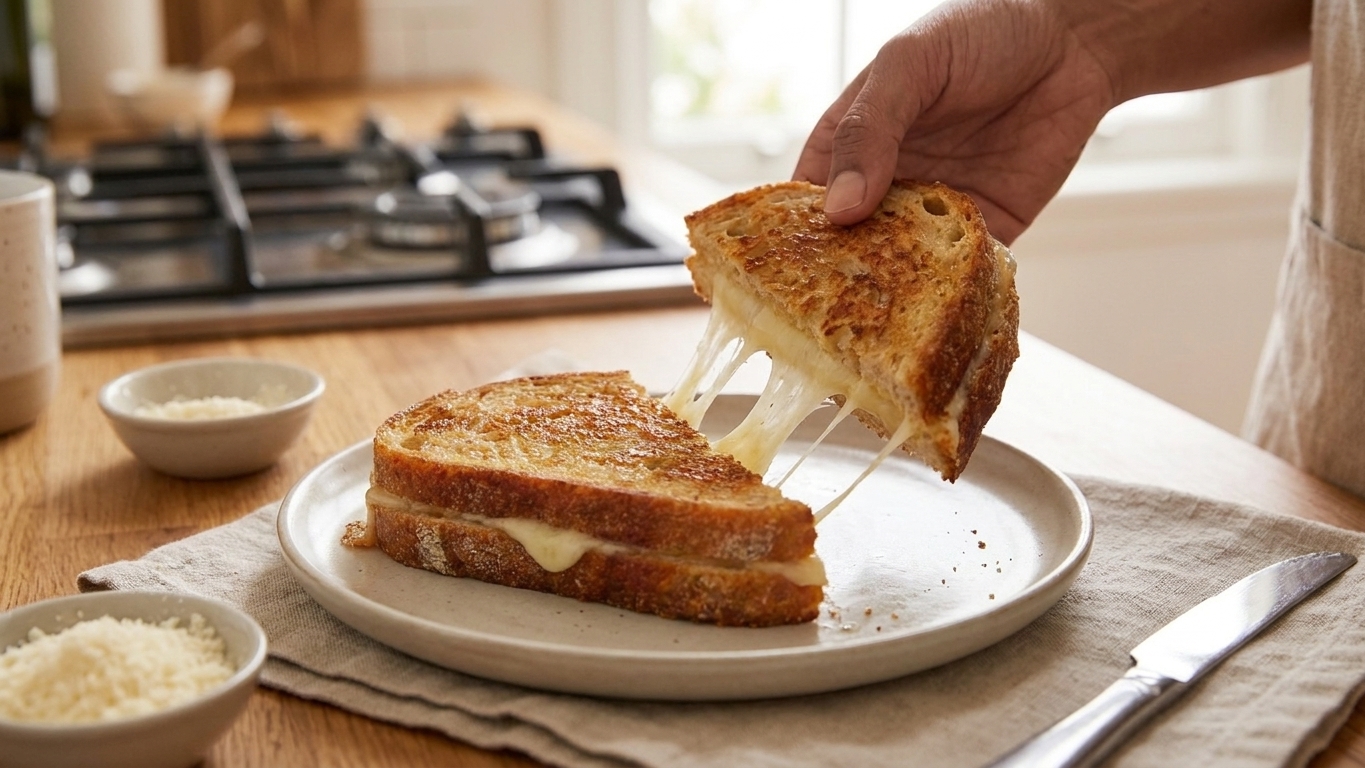 A sliced grilled cheese with a crisp parmesan crust and melted cheese pull on a plate with a simple table setting